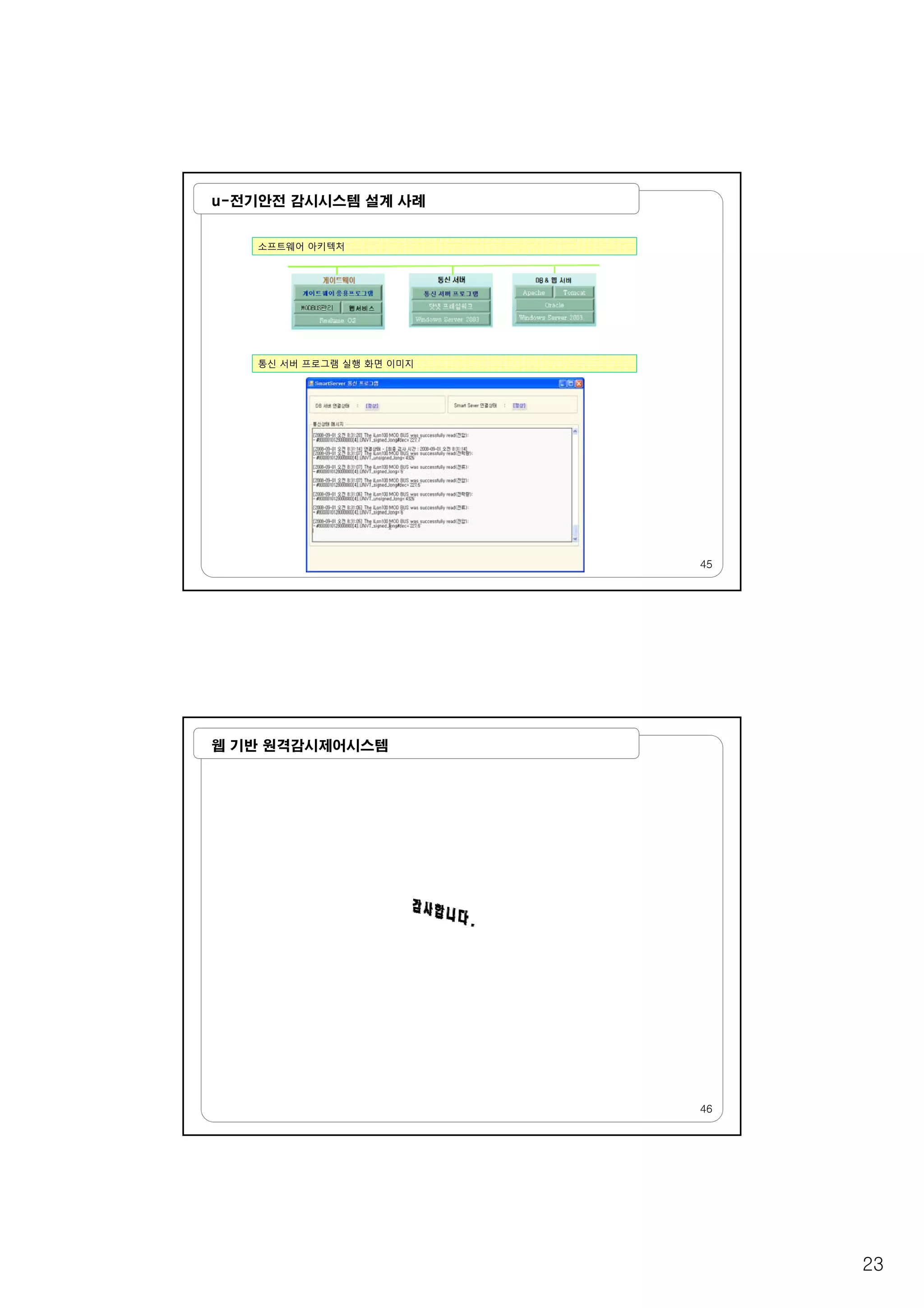 23
u-전기안전 감시시스템 설계 사례
소프트웨어 아키텍처
통신 서버 프로그램 실행 화면 이미지
45
웹 기반 원격감시제어시스템
46
 