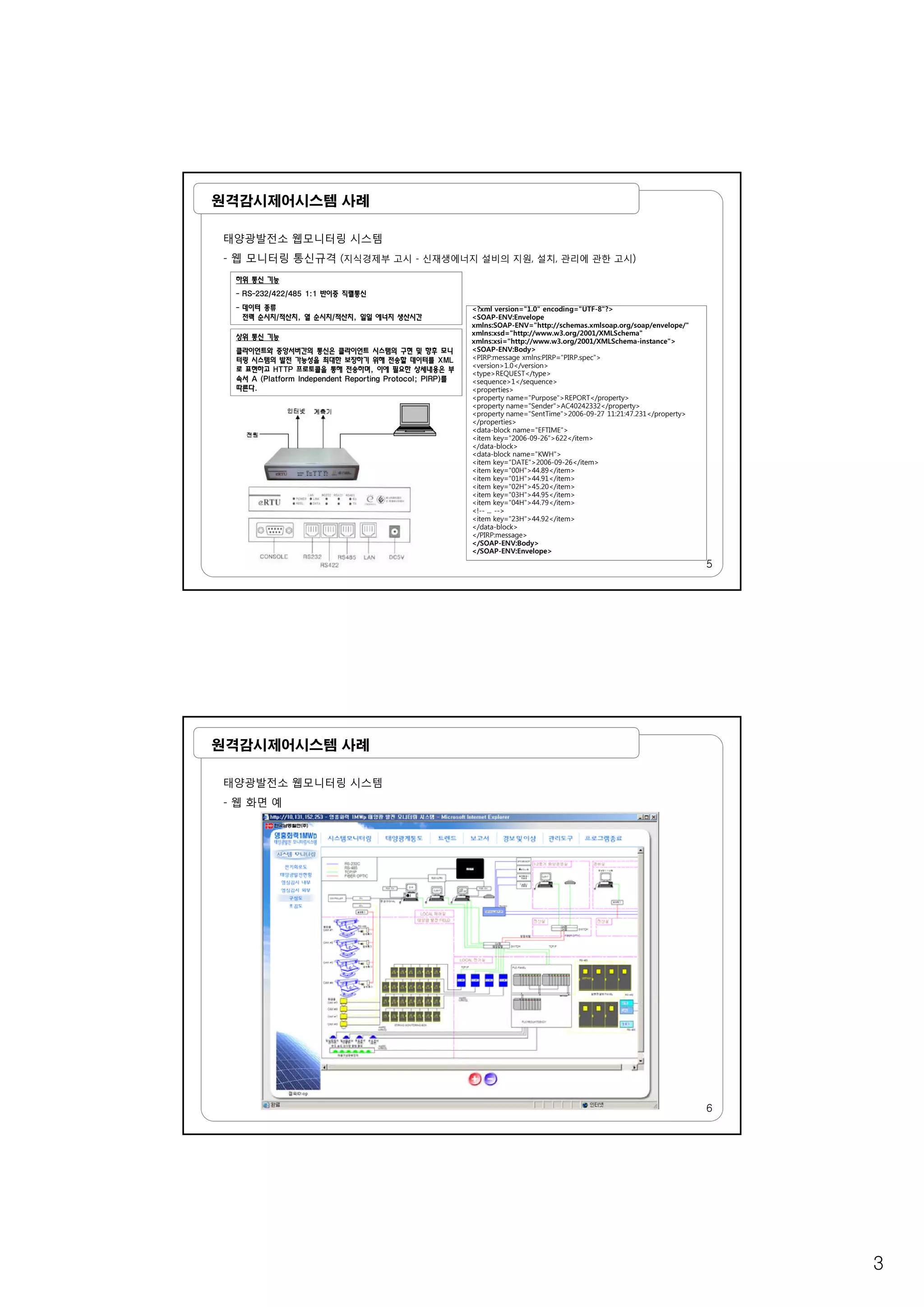3
원격감시제어시스템 사례
태양광발전소 웹모니터링 시스템
- 웹 모니터링 통신규격 (지식경제부 고시 - 신재생에너지 설비의 지원, 설치, 관리에 관한 고시)
하위 통신 기능
- RS-232/422/485 1:1 반이중 직렬통신
- 데이터 종류 <?xml version="1.0" encoding="UTF-8"?>종
전력 순시치/적산치, 열 순시치/적산치, 일일 에너지 생산시간
상위 통신 기능
클라이언트와 중앙서버간의 통신은 클라이언트 시스템의 구현 및 향후 모니
터링 시스템의 발전 가능성을 최대한 보장하기 위해 전송할 데이터를 XML
로 표현하고 HTTP 프로토콜을 통해 전송하며, 이에 필요한 상세내용은 부
속서 A (Platform Independent Reporting Protocol; PIRP)를
따른다.
g
<SOAP-ENV:Envelope
xmlns:SOAP-ENV="http://schemas.xmlsoap.org/soap/envelope/"
xmlns:xsd="http://www.w3.org/2001/XMLSchema"
xmlns:xsi="http://www.w3.org/2001/XMLSchema-instance">
<SOAP-ENV:Body>
<PIRP:message xmlns:PIRP="PIRP.spec">
<version>1.0</version>
<type>REQUEST</type>
<sequence>1</sequence>
<properties>
<property name="Purpose">REPORT</property>
<property name="Sender">AC40242332</property>
<property name="SentTime">2006-09-27 11:21:47.231</property>
</properties>
<data-block name="EFTIME">
<item key="2006-09-26">622</item>
</data-block>
5
<data-block name="KWH">
<item key="DATE">2006-09-26</item>
<item key="00H">44.89</item>
<item key="01H">44.91</item>
<item key="02H">45.20</item>
<item key="03H">44.95</item>
<item key="04H">44.79</item>
<!-- ... -->
<item key="23H">44.92</item>
</data-block>
</PIRP:message>
</SOAP-ENV:Body>
</SOAP-ENV:Envelope>
원격감시제어시스템 사례
태양광발전소 웹모니터링 시스템
- 웹 화면 예
6
 