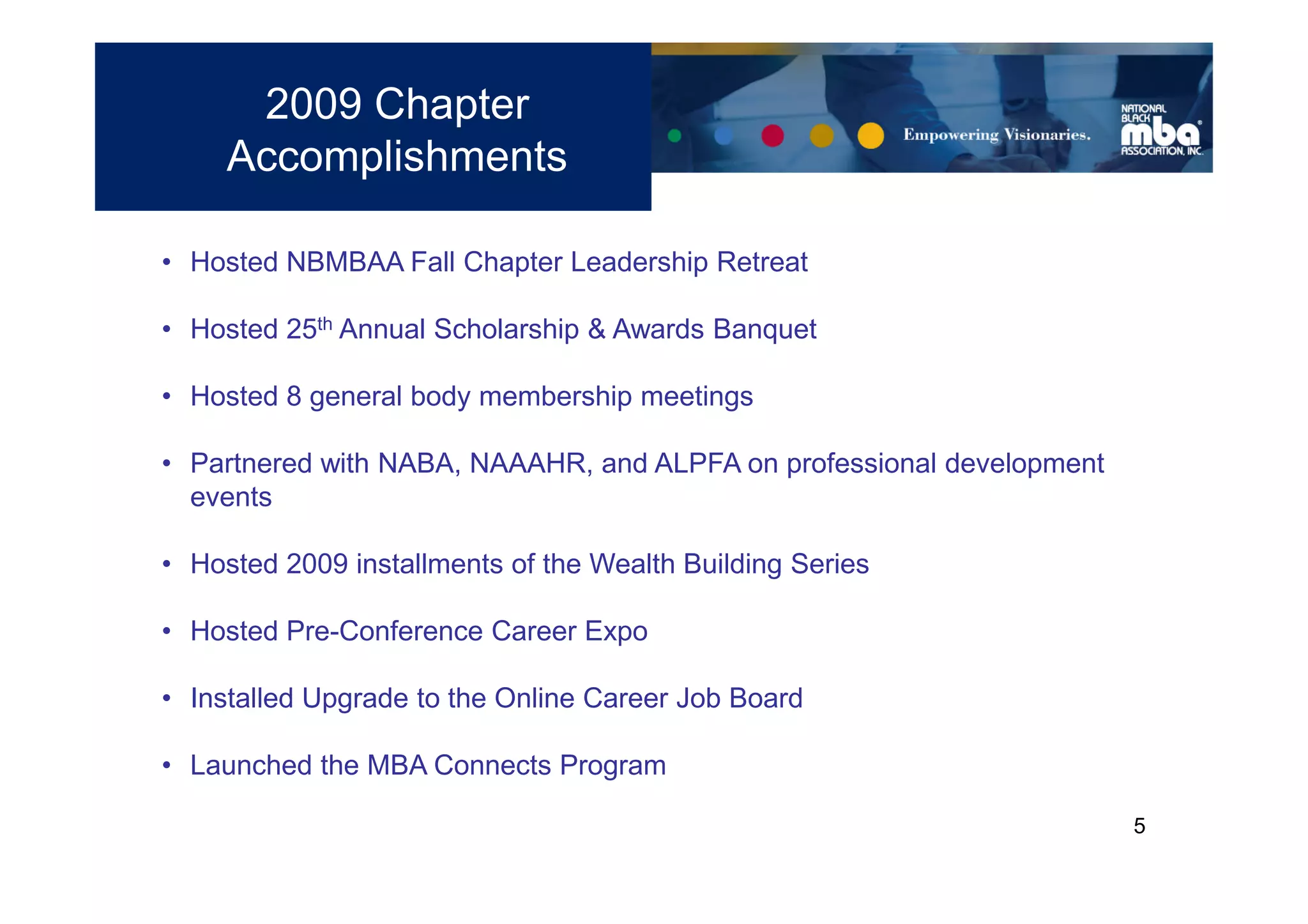2009 Chapter
     Accomplishments

• Hosted NBMBAA Fall Chapter Leadership Retreat

• Hosted 25th Annual Scholarship & Awards Banquet

• Hosted 8 general body membership meetings

• Partnered with NABA, NAAAHR, and ALPFA on professional development
  events

• Hosted 2009 installments of the Wealth Building Series

• Hosted Pre-Conference Career Expo

• Installed Upgrade to the Online Career Job Board

• Launched the MBA Connects Program

                                                                       5
 