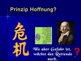 1515
Prinzip Hoffnung?Prinzip Hoffnung?
Wo aber Gefahr ist,
wächst das Rettende
auch.
?
 