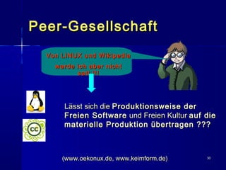 3030
Peer-GesellschaftPeer-Gesellschaft
Von LINUX und WikipediaVon LINUX und Wikipedia
werde ich aber nichtwerde ich aber nicht
satt !!!satt !!!
Lässt sich dieLässt sich die Produktionsweise derProduktionsweise der
Freien SoftwareFreien Software und Freien Kulturund Freien Kultur auf dieauf die
materielle Produktion übertragen ???materielle Produktion übertragen ???
(www.oekonux.de, www.keimform.de)(www.oekonux.de, www.keimform.de)
 