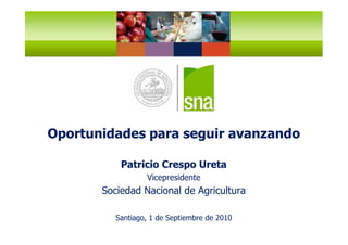 Oportunidades para seguir avanzando

           Patricio Crespo Ureta
                  Vicepresidente
       Sociedad Nacional de Agricultura

          Santiago, 1 de Septiembre de 2010
 