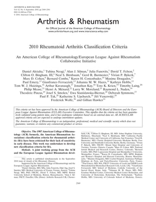 2010 Rheumatoid Arthritis Classification Criteria | PDF