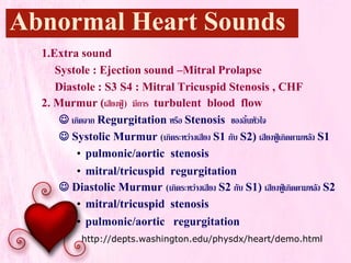 Abnormal Heart Sounds
1.Extra sound
Systole : Ejection sound –Mitral Prolapse
Diastole : S3 S4 : Mitral Tricuspid Stenosis , CHF
2. Murmur (เสียงฟู) มีการ turbulent blood flow
 เกิดจาก Regurgitation หรือ Stenosis ของลิ้นหัวใจ
 Systolic Murmur (เกิดระหวางเสียง S1 กับ S2) เสียงฟูเกิดตามหลัง S1
• pulmonic/aortic stenosis
• mitral/tricuspid regurgitation
 Diastolic Murmur (เกิดระหวางเสียง S2 กับ S1) เสียงฟูเกิดตามหลัง S2
• mitral/tricuspid stenosis
• pulmonic/aortic regurgitation
http://depts.washington.edu/physdx/heart/demo.html
 