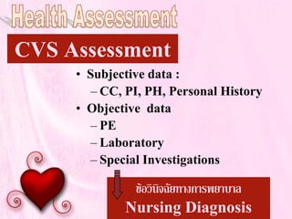 ขอวินิจฉัยทางการพยาบาล
Nursing Diagnosis
CVS Assessment
• Subjective data :
– CC, PI, PH, Personal History
• Objective data
– PE
– Laboratory
– Special Investigations
 