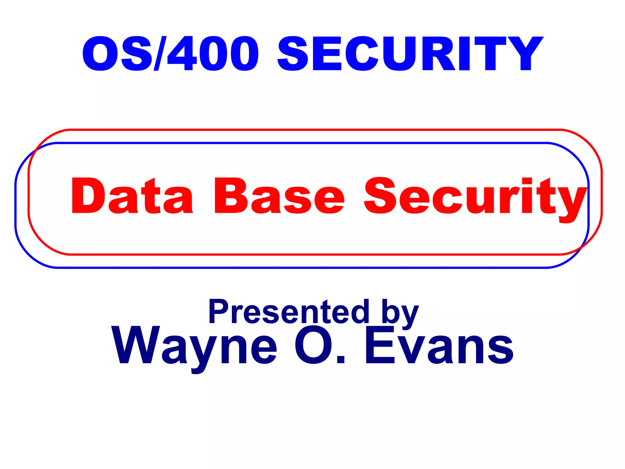 OS/400 SECURITY


Data Base Security

    Presented by
 Wayne O. Evans
 