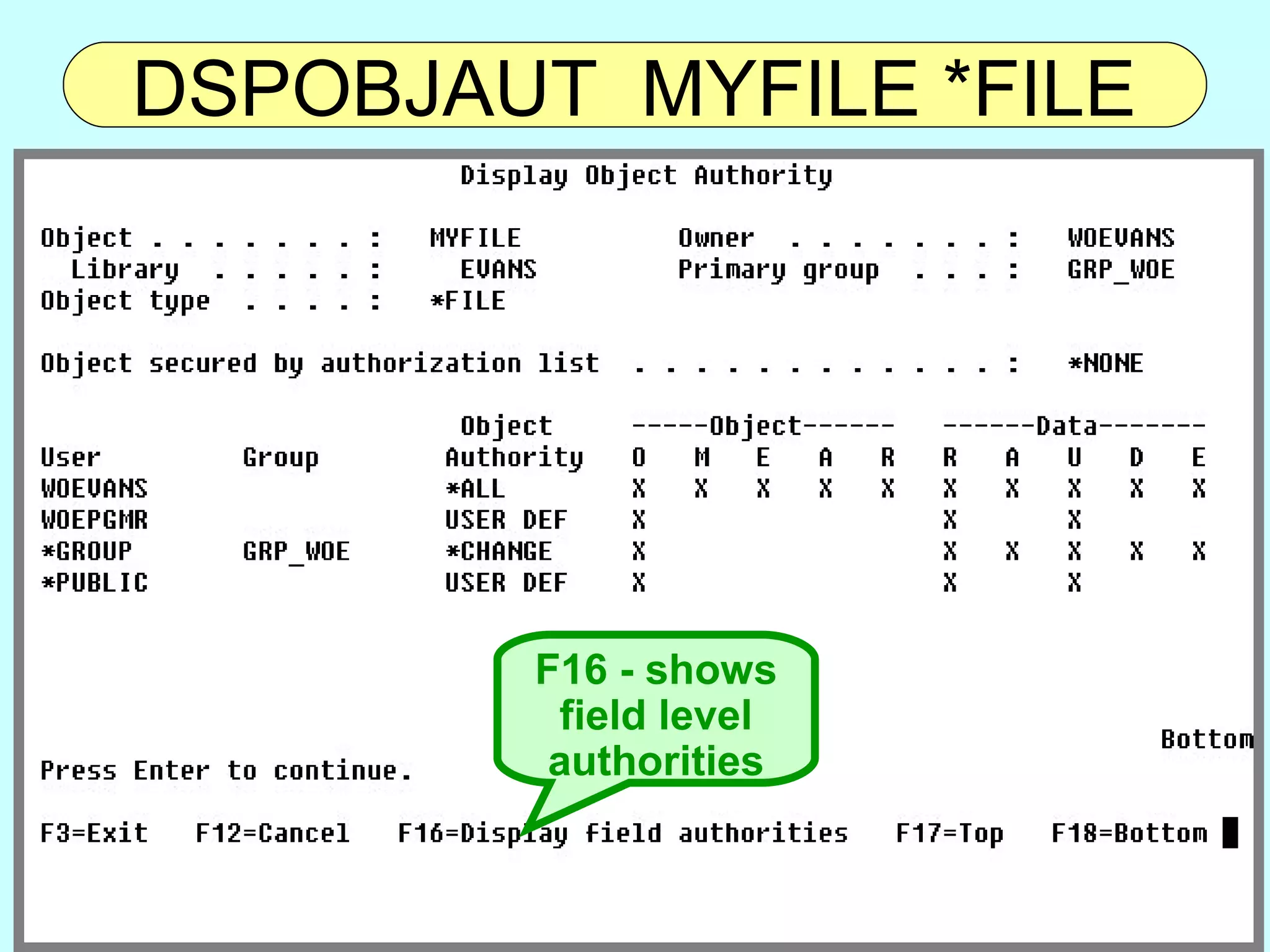 DSPOBJAUT MYFILE *FILE




        F16 - shows
         field level
         authorities



                       16
 