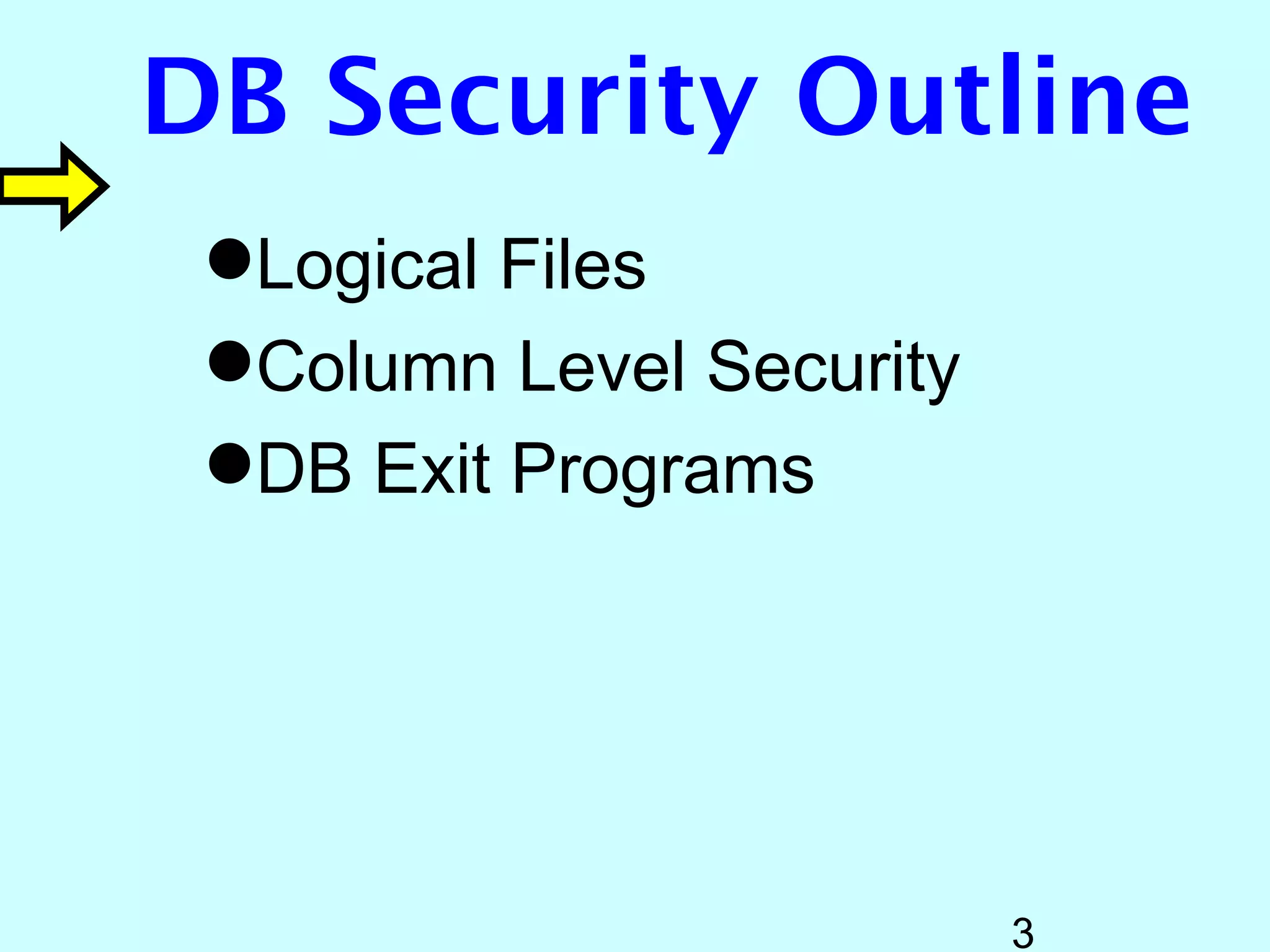 DB Security Outline
 Logical Files
 Column Level Security
 DB Exit Programs




                          3
 