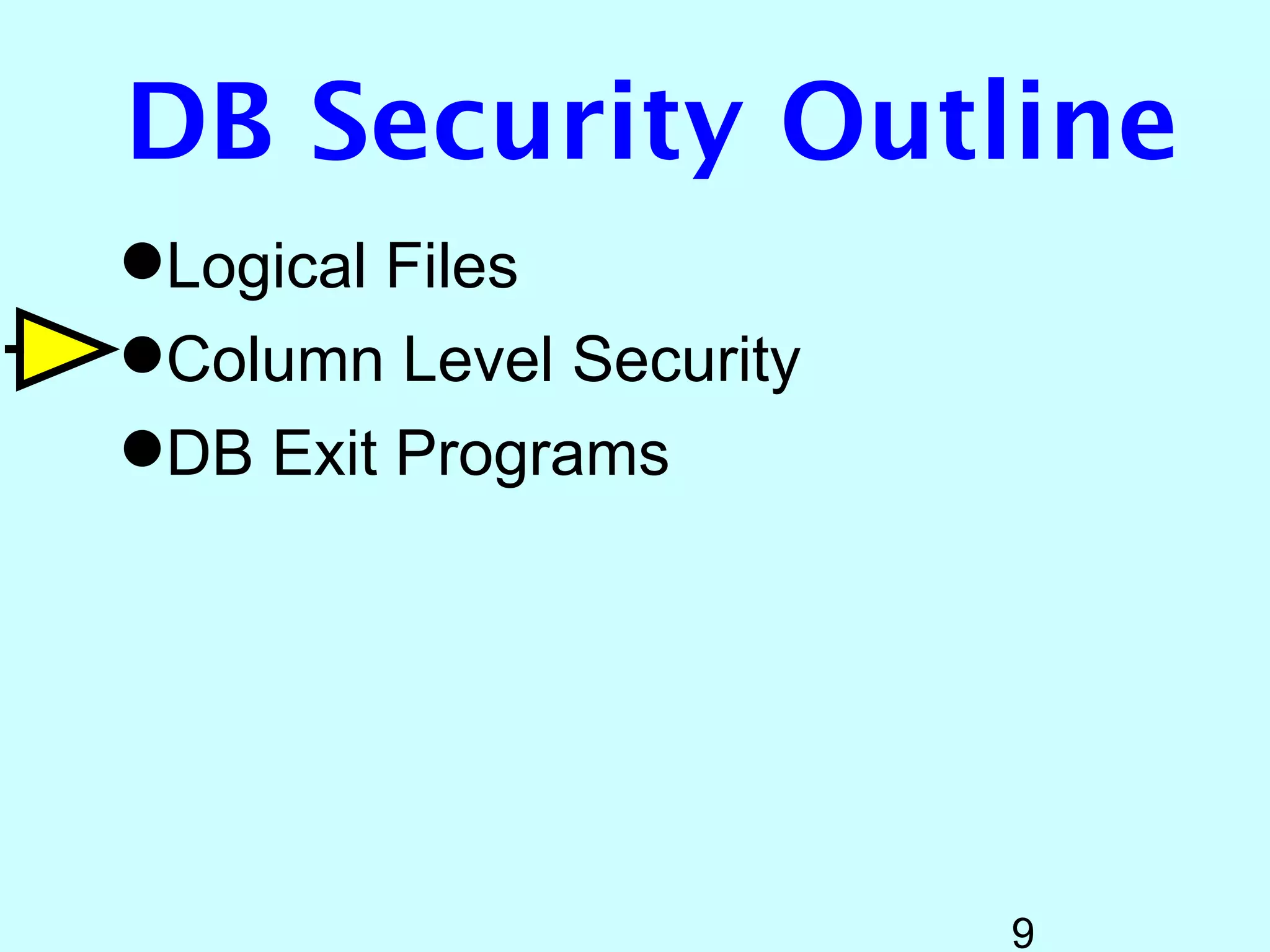 DB Security Outline
Logical Files
Column Level Security
DB Exit Programs




                         9
 
