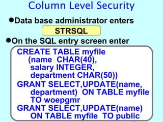 Column Level Security
Data base administrator enters
            STRSQL
On the SQL entry screen enter
  CREATE TABLE myfile
     (name CHAR(40),
      salary INTEGER,
      department CHAR(50))
  GRANT SELECT,UPDATE(name,
      department) ON TABLE myfile
      TO woepgmr
  GRANT SELECT,UPDATE(name)
      ON TABLE myfile TO public15
 