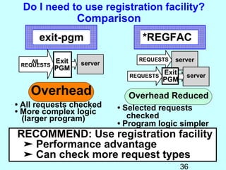 Do I need to use registration facility?
                   Comparison
      exit-pgm                    *REGFAC

    All     Exit                 REQUESTS    server
 REQUESTS          server
            PGM
                               REQUESTS
                                          Exit    server
                                          PGM
    Overhead                  Overhead Reduced
• All requests checked      • Selected requests
• More complex logic
  (larger program)             checked
                            • Program logic simpler
RECOMMEND: Use registration facility
 ➤ Performance advantage
 ➤ Can check more request types
                                                 36
 