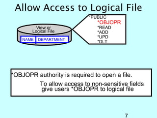 Allow Access to Logical File
                           *PUBLIC
                              *OBJOPR
         View or              *READ
       Logical File           *ADD
                              *UPD
    NAME   DEPARTMENT
                              *DLT




*OBJOPR authority is required to open a file.
        To allow access to non-sensitive fields
        give users *OBJOPR to logical file



                                        7
 