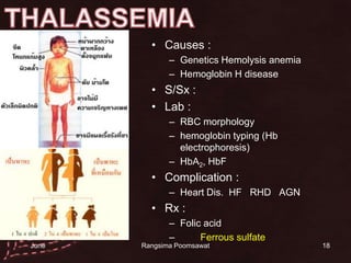 18THALASSEMIACauses : Genetics Hemolysis anemiaHemoglobin H diseaseS/Sx : Lab:RBC morphologyhemoglobin typing (Hb electrophoresis) HbA2, HbFComplication :Heart Dis.  HF   RHD   AGNRx :Folic acidห้าม Ferrous sulfate14 June 2010Rangsima Poomsawat