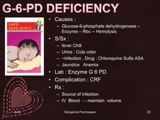 20G-6-PD DEFICIENCYCauses : Glucose-6-phosphate dehydrogenase – Enzyme – Rbc -- HemolysisS/Sx : fever Chill Urine : Cola color ~Infection , Drug : Chloroquine Sulfa ASA ถั่วJaundice   AnemiaLab : Enzyme G 6 PDComplication : CRFRx :Source of infectionIV  Blood  - - maintain  volume14 June 2010Rangsima Poomsawat
