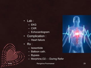 Lab :EKGCXREchocardiogramComplication : Heart failureRx :IsosorbideBalloon cath.BypassMorphine,O2 - - During Refer2914 June 2010Rangsima Poomsawat