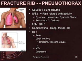 30FRACTURE RIB - - PNEUMOTHORAXCauses : Blunt TraumaS/Sx : ~ Pain related with activityDyspneaHemoptysis  Cyanosis ShockResonance ^ , DullnessLab : CXRComplication : Resp. failure, HFRx : ReferOpen wound ; Dressing, Vaseline Gauzeผู้ป่วยนอนทับICDOperation14 June 2010Rangsima Poomsawat