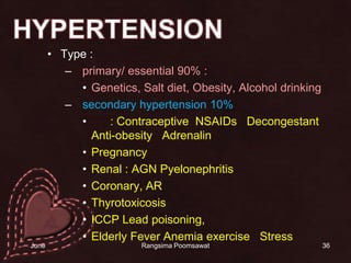 HYPERTENSIONType :  primary/ essential 90% : Genetics, Salt diet, Obesity, Alcohol drinkingsecondary hypertension 10%ยา  : Contraceptive  NSAIDs   Decongestant Anti-obesity   AdrenalinPregnancyRenal : AGN PyelonephritisCoronary, ARThyrotoxicosisICCP Lead poisoning, Elderly Fever Anemia exercise   Stress14 June 201036Rangsima Poomsawat