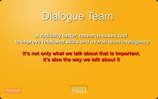 Dialogue Team
A radically better, research-based tool
to improve relational skills and overall team intelligence
It’s not only what we talk about that is important.
it’s also the way we talk about it
 