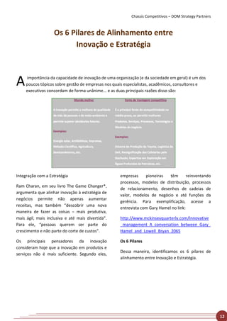 Chassis Competitivos – DOM Strategy Partners



                    Os 6 Pilares de Alinhamento entre
                          Inovação e Estratégia



A    importância da capacidade de inovação de uma organização (e da sociedade em geral) é um dos
     poucos tópicos sobre gestão de empresas nos quais especialistas, acadêmicos, consultores e
     executivos concordam de forma unânime... e as duas principais razões disso são:




Integração com a Estratégia                         empresas     pioneiras   têm       reinventando
                                                    processos, modelos de distribuição, processos
Ram Charan, em seu livro The Game Changer*,
                                                    de relacionamento, desenhos de cadeias de
argumenta que alinhar inovação à estratégia de
                                                    valor, modelos de negócio e até funções da
negócios permite não apenas aumentar
                                                    gerência. Para exemplificação, acesse a
receitas, mas também “descobrir uma nova
                                                    entrevista com Gary Hamel no link:
maneira de fazer as coisas – mais produtiva,
mais ágil, mais inclusiva e até mais divertida”.    http://www.mckinseyquarterly.com/Innovative
Para ele, “pessoas querem ser parte do              _management_A_conversation_between_Gary_
crescimento e não parte do corte de custos”.        Hamel_and_Lowell_Bryan_2065

Os principais pensadores da inovação                Os 6 Pilares
consideram hoje que a inovação em produtos e
                                                    Dessa maneira, identificamos os 6 pilares de
serviços não é mais suficiente. Segundo eles,
                                                    alinhamento entre Inovação e Estratégia.




                                                                                                         12
 