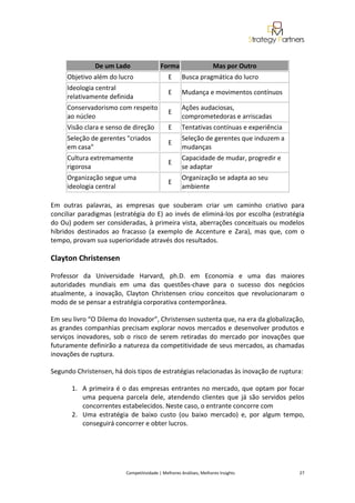  
 

                 De um Lado                       Forma                             Mas por Outro 
      Objetivo além do lucro                           E        Busca pragmática do lucro 
      Ideologia central 
                                                       E        Mudança e movimentos contínuos 
      relativamente definida 
      Conservadorismo com respeito                              Ações audaciosas, 
                                                       E 
      ao núcleo                                                 comprometedoras e arriscadas 
      Visão clara e senso de direção                   E        Tentativas contínuas e experiência 
      Seleção de gerentes "criados                              Seleção de gerentes que induzem a 
                                                       E 
      em casa"                                                  mudanças 
      Cultura extremamente                                      Capacidade de mudar, progredir e 
                                                       E 
      rigorosa                                                  se adaptar 
      Organização segue uma                                     Organização se adapta ao seu 
                                                       E 
      ideologia central                                         ambiente 

Em  outras  palavras,  as  empresas  que  souberam  criar  um  caminho  criativo  para 
conciliar  paradigmas  (estratégia  do  E)  ao  invés  de  eliminá‐los  por  escolha  (estratégia 
do Ou) podem ser consideradas, à primeira vista, aberrações conceituais ou modelos 
híbridos  destinados  ao  fracasso  (a  exemplo  de  Accenture  e  Zara),  mas  que,  com  o 
tempo, provam sua superioridade através dos resultados. 

Clayton Christensen 

Professor  da  Universidade  Harvard,  ph.D.  em  Economia  e  uma  das  maiores 
autoridades  mundiais  em  uma  das  questões‐chave  para  o  sucesso  dos  negócios 
atualmente,  a  inovação,  Clayton  Christensen  criou  conceitos  que  revolucionaram  o 
modo de se pensar a estratégia corporativa contemporânea. 

Em seu livro “O Dilema do Inovador”, Christensen sustenta que, na era da globalização, 
as  grandes companhias  precisam explorar  novos  mercados  e  desenvolver  produtos  e 
serviços  inovadores,  sob  o  risco  de  serem  retiradas  do  mercado  por  inovações  que 
futuramente definirão a natureza da competitividade de seus mercados, as chamadas 
inovações de ruptura. 

Segundo Christensen, há dois tipos de estratégias relacionadas às inovação de ruptura: 

        1. A  primeira  é  o  das  empresas  entrantes  no  mercado,  que  optam  por  focar 
           uma  pequena  parcela  dele,  atendendo  clientes  que  já  são  servidos  pelos 
           concorrentes estabelecidos. Neste caso, o entrante concorre com  
        2. Uma  estratégia  de  baixo  custo  (ou  baixo  mercado)  e,  por  algum  tempo, 
           conseguirá concorrer e obter lucros. 

 



                            Competitividade | Melhores Análises, Melhores Insights                                                            27 
 
 