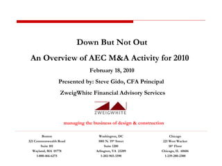 managing the business of design & construction Down But Not Out An Overview of AEC M&A Activity for 2010  February 18, 2010 Presented by: Steve Gido, CFA Principal  ZweigWhite Financial Advisory Services Boston 321 Commonwealth Road Suite 101 Wayland, MA  01778 1-800-466-6275 Washington, DC 1001 N. 19 th  Street Suite 1200 Arlington, VA  22209 1-202-965-3390 Chicago 221 West Wacker 18 th  Floor Chicago, IL  60606 1-239-280-2300 