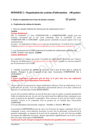 DOSSIER 2 : Organisation du système d'information (40 points)

I - Étude et exploitation de la base de données existante                 22 points
A. Explication du schéma de données

1 - Peut-on connaître l'identité des fournisseurs des médicaments livrés ?
2 points
2 points globalement
Oui, la cardinalité 1,1 entre LIVRAISON-FRS et CORRESPONDRE signifie qu'à une




                                                                                          t
livraison correspond une et une seule commande. Puis, la cardinalité 1,1 entre
COMMANDE-FRS et CONCERNE signifie qu'une commande est passée auprès d'un et un




                                                                                        e
seul fournisseur.
Accepter : un médicament n’étant proposé que par un fournisseur, il est facile d’en connaître




                                                                 .n
l’identité quand il a été approvisionné (cardinalité 0,1 entre médicament et proposer).




                                                               s
2 – Les fournisseurs de la CERP proposent-ils la totalité des médicaments référencés par
l’AFM ? Justifier votre réponse. 2 points




                                                             r
2 points globalement




                                          u
La cardinalité 0,1 indique que parmi l’ensemble des médicaments répertoriés par l’Agence




                                        o
Française du Médicament et qui figurent dans la base CERP, certains ne sont pas proposés
par les fournisseurs de la CERP.




                       s c
3 – Justifier la position des attributs de prix (prix réel et prix de base) dans le schéma de
données. Pourquoi le prix n’apparaît il pas dans l’association COMPORTER liée à




   u
LIVRAISON ?
3 points




to
2 points (explication concernant prix de base et le prix réel, avec une explication
mobilisant l’idée d’une dépendance fonctionnelle).

Un prix de base est négocié pour chaque médicament référencé. Pour un médicament, il n'y a
qu'un seul prix de base. C'est une dépendance fonctionnelle directe. Il est donc cohérent de
retrouver cet attribut dans l'entité MEDICAMENT.

Le prix réel est parfois inférieur au prix de base parce que les achats en grande quantité font
l'objet de réduction de prix. Le prix réel d'un article peut être différent d'une commande à une
autre en fonction des quantités commandées. Pour retrouver le prix réel de l'article, il faut
connaître l'article et la commande d'où la position de cet attribut dans l'association
COMPOSER.
C'est une dépendance fonctionnelle composée : NumMed + NumCde                PxReel

L'association COMPORTER permet de suivre les livraisons de chaque commande. Pour une
commande, il peut y avoir plusieurs livraisons. Le prix réel est déterminé, en fonction de la
quantité commandée, au moment de la prise de la commande. Le prix réel n'est pas modifié
au moment des différentes livraisons. Aucune information supplémentaire sur le prix ne peut
donc être dans l'association COMPORTER.
1 point pour le prix réel qui est négocié en fonction des quantités de la commande

CGAGOS-C                                      Page 5 sur 9
 