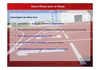 Novos Rituais para as Metas


Desvantagens das Metas Fixas


    •   Produzem uma ilusão de controle e objetividade.

    •   São esteios de uma cultura de liderança caracterizada por comando e controle.


    • Destroem a motivação das pessoas.

    •   São voltados para o passado e, não para o futuro.


    • São inflexíveis e impedem a adaptação à mudança.
 