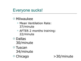 Everyone sucks! Milwaukee Mean Ventilation Rate:  37/minute AFTER 2 months training:  22/minute Dallas  30/minute Tuscan 34/minute Chicago >30/minute 
