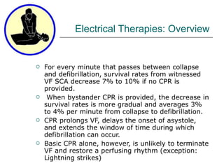 Electrical Therapies: Overview For every minute that passes between collapse and defibrillation, survival rates from witnessed VF SCA decrease 7% to 10% if no CPR is provided. When bystander CPR is provided, the decrease in survival rates is more gradual and averages 3% to 4% per minute from collapse to defibrillation. CPR prolongs VF, delays the onset of asystole, and extends the window of time during which defibrillation can occur.  Basic CPR alone, however, is unlikely to terminate VF and restore a perfusing rhythm (exception: Lightning strikes) 