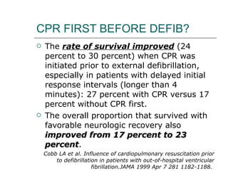 CPR FIRST BEFORE DEFIB? The  rate of survival improved  (24 percent to 30 percent) when CPR was initiated prior to external defibrillation, especially in patients with delayed initial response intervals (longer than 4 minutes): 27 percent with CPR versus 17 percent without CPR first.  The overall proportion that survived with favorable neurologic recovery also  improved from 17 percent to 23 percent .  Cobb LA et al. Influence of cardiopulmonary resuscitation prior to defibrillation in patients with out-of-hospital ventricular fibrillation.JAMA 1999 Apr 7 281 1182-1188.  