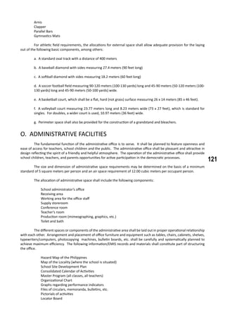 121
Arnis
Clapper
Parallel Bars
Gymnastics Mats
	 For athletic field requirements, the allocations for external space shall allow adequate provision for the laying
out of the following basic components, among others:
a. A standard oval track with a distance of 400 meters
b. A baseball diamond with sides measuring 27.4 meters (90 feet long)
c. A softball diamond with sides measuring 18.2 meters (60 feet long)
d. A soccer football field measuring 90-120 meters (100-130 yards) long and 45-90 meters (50-120 meters (100-
130 yards) long and 45-90 meters (50-100 yards) wide.
e. A basketball court, which shall be a flat, hard (not grass) surface measuring 26 x 14 meters (85 x 46 feet).
f. A volleyball court measuring 23.77 meters long and 8.23 meters wide (73 x 27 feet), which is standard for
singles. For doubles, a wider court is used, 10.97 meters (36 feet) wide.
g. Perimeter space shall also be provided for the construction of a grandstand and bleachers.
O. ADMINISTRATIVE FACILITIES
	 The fundamental function of the administrative office is to serve. It shall be planned to feature openness and
ease of access for teachers, school children and the public. The administrative office shall be pleasant and attractive in
design reflecting the spirit of a friendly and helpful atmosphere. The operation of the administrative office shall provide
school children, teachers, and parents opportunities for active participation in the democratic processes.
	 The size and dimension of administrative space requirements may be determined on the basis of a minimum
standard of 5 square meters per person and an air space requirement of 12.00 cubic meters per occupant person.
	 The allocation of administrative space shall include the following components:
School administrator’s office
Receiving area
Working area for the office staff
Supply storeroom
Conference room
Teacher’s room
Production room (mimeographing, graphics, etc.)
Toilet and bath
	 The different spaces or components of the administrative area shall be laid out in proper operational relationship
with each other. Arrangement and placement of office furniture and equipment such as tables, chairs, cabinets, shelves,
typewriters/computers, photocopying machines, bulletin boards, etc. shall be carefully and systematically planned to
achieve maximum efficiency. The following information/EMIS records and materials shall constitute part of structuring
the office.
Hazard Map of the Philippines
Map of the Locality (where the school is situated)
School Site Development Plan
Consolidated Calendar of Activities
Master Program (all classes, all teachers)
Organizational Chart
Graphs regarding performance indicators
Files of circulars, memoranda, bulletins, etc.
Pictorials of activities
Locator Board
 