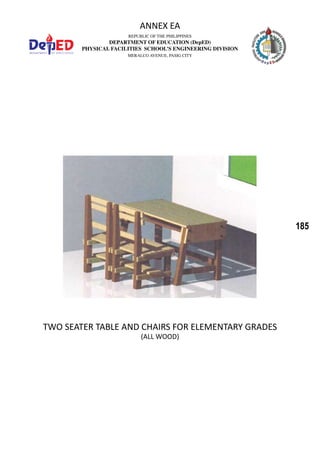 185
REPUBLIC OF THE PHILIPPINES
DEPARTMENT OF EDUCATION (DepED)
PHYSICAL FACILITIES SCHOOL’S ENGINEERING DIVISION
MERALCO AVENUE, PASIG CITY
ANNEX EA
TWO SEATER TABLE AND CHAIRS FOR ELEMENTARY GRADES
(ALL WOOD)
 