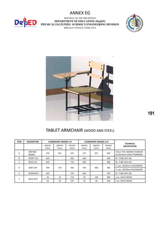 191
REPUBLIC OF THE PHILIPPINES
DEPARTMENT OF EDUCATION (DepED)
PHYSICAL FACILITIES SCHOOL’S ENGINEERING DIVISION
MERALCO AVENUE, PASIG CITY
ANNEX EG
TABLET ARMCHAIR (WOOD AND STEEL)
ITEM DESCRIPTION ELEMENTARY GRADES I-IV ELEMENTARY GRADES V-VI
TECHNICAL
SPECIFICATIONWIDTH
(mm)
LENGTH
(mm)
HEIGHT
(mm)
WIDTH
(mm)
LENGTH
(mm)
HEIGHT
(mm)
A
WRITING
BOARD
250 625 625 255 625 640
19mm THK. MARINE PLYWOOD
w/19x19mm SOLID TRIMMING.
B FRONT LEG ø20 360 ø20 400 B.I. TUBE (SCH.20)
C BACK LEG ø20 710 ø20 800 B.I. TUBE (SCH.20)
D SEAT SLAT 390 370 360 430 400 385
4 –pcs. 19x45mm SOLIDWOOD
2 –pcs. 19x70mm SOLIDWOOD
E BOOKSHELF ø20 370 ø20 430 B.I. TUBE (SCH.20)
F BACK REST
20 10 710 20 100 800 1-pc. SOLID WOOD
20 50 570 20 50 630 1-pc. SOLID WOOD
 