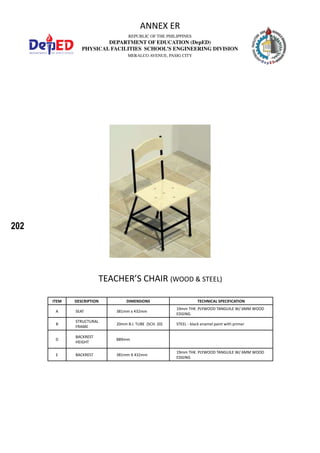 202
REPUBLIC OF THE PHILIPPINES
DEPARTMENT OF EDUCATION (DepED)
PHYSICAL FACILITIES SCHOOL’S ENGINEERING DIVISION
MERALCO AVENUE, PASIG CITY
ANNEX ER
TEACHER’S CHAIR (WOOD & STEEL)
ITEM DESCRIPTION DIMENSIONS TECHNICAL SPECIFICATION
A SEAT 381mm x 432mm
19mm THK. PLYWOOD TANGUILE W/ 6MM WOOD
EDGING
B
STRUCTURAL
FRAME
20mm B.I. TUBE (SCH. 20) STEEL - black enamel paint with primer
D
BACKREST
HEIGHT
889mm
E BACKREST 381mm X 432mm
19mm THK. PLYWOOD TANGUILE W/ 6MM WOOD
EDGING
 