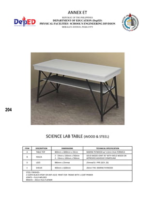 204
REPUBLIC OF THE PHILIPPINES
DEPARTMENT OF EDUCATION (DepED)
PHYSICAL FACILITIES SCHOOL’S ENGINEERING DIVISION
MERALCO AVENUE, PASIG CITY
ANNEX ET
SCIENCE LAB TABLE (WOOD & STEEL)
ITEM DESCRIPTION DIMENSIONS TECHNICAL SPECIFICATION
A TABLE TOP 800mm x 1800mm x 19mm MARINE PLYWOOD w/ 1.6mm thick FORMICA
B FASCIA
2 - 19mm x 100mm x 760mm
2 - 19mm x 100mm x 760mm
SOLID WOOD JOINT 45o
WITH WELD WOOD OR
APPROVED ADHESIVE COMPOUND
D LEGS 880mm x 25mmø 25mmø B.I. PIPE (SCH. 20)
E SHELVE 400mm x 1600mm 20mm THK. MARINE PLYWOOD
STEEL FINISHES–
2 COATS BLACK EPOXY OR ANTI-ACID PAINT FOR FRAME WITH 1 COAT PRIMER
JOINTS – FULLY WELDED
BRACES – 20mm thick FLATBAR
 