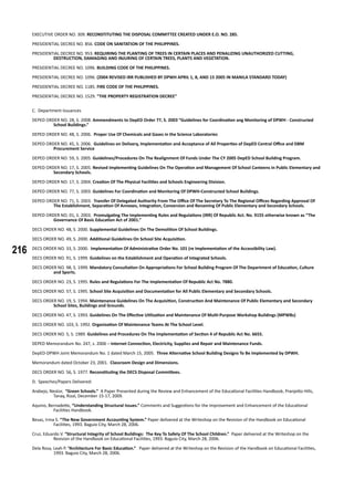 216
EXECUTIVE ORDER NO. 309. RECONSTITUTING THE DISPOSAL COMMITTEE CREATED UNDER E.O. NO. 285.
PRESIDENTIAL DECREE NO. 856. CODE ON SANITATION OF THE PHILIPPINES.
PRESIDENTIAL DECREE NO. 953. REQUIRING THE PLANTING OF TREES IN CERTAIN PLACES AND PENALIZING UNAUTHORIZED CUTTING,
DESTRUCTION, DAMAGING AND INJURING OF CERTAIN TREES, PLANTS AND VEGETATION.
PRESIDENTIAL DECREE NO. 1096. BUILDING CODE OF THE PHILIPPINES.
PRESIDENTIAL DECREE NO. 1096. (2004 REVISED IRR PUBLISHED BY DPWH APRIL 1, 8, AND 15 2005 IN MANILA STANDARD TODAY)
PRESIDENTIAL DECREE NO. 1185. FIRE CODE OF THE PHILIPPINES.
PRESIDENTIAL DECREE NO. 1529. “THE PROPERTY REGISTRATION DECREE”
C. Department Issuances
DEPED ORDER NO. 28, S. 2008. Ammendments to DepED Order 77, S. 2003 “Guidelines for Coordination ang Monitoring of DPWH - Constructed
School Buildings.”
DEPED ORDER NO. 48, S. 2006. Proper Use Of Chemicals and Gases in the Science Laboratories
DEPED ORDER NO. 45, S. 2006. Guidelines on Delivery, Implementation and Acceptance of All Properties of DepED Central Office and DBM
Procurement Service
DEPED ORDER NO. 59, S. 2005. Guidelines/Procedures On The Realignment Of Funds Under The CY 2005 DepED School Building Program.
DEPED ORDER NO. 17, S. 2005. Revised Implementing Guidelines On The Operation and Management Of School Canteens In Public Elementary and
Secondary Schools.
DEPED ORDER NO. 17, S. 2004. Creation Of The Physical Facilities and Schools Engineering Division.
DEPED ORDER NO. 77, S. 2003. Guidelines For Coordination and Monitoring Of DPWH-Constructed School Buildings.
DEPED ORDER NO. 71, S. 2003. Transfer Of Delegated Authority From The Office Of The Secretary To The Regional Offices Regarding Approval Of
The Establishment, Separation Of Annexes, Integration, Conversion and Renaming Of Public Elementary and Secondary Schools.
DEPED ORDER NO. 01, S. 2003. Promulgating The Implementing Rules and Regulations (IRR) Of Republic Act. No. 9155 otherwise known as “The
Governance Of Basic Education Act of 2001.”
DECS ORDER NO. 48, S. 2000. Supplemental Guidelines On The Demolition Of School Buildings.
DECS ORDER NO. 49, S. 2000. Additional Guidelines On School Site Acquisition.
DECS ORDER NO. 33, S. 2000. Implementation Of Administrative Order No. 101 (re Implementation of the Accessibility Law).
DECS ORDER NO. 91, S. 1999. Guidelines on the Establishment and Operation of Integrated Schools.
DECS ORDER NO. 98, S. 1999. Mandatory Consultation On Appropriations For School Building Program Of The Department of Education, Culture
and Sports.
DECS ORDER NO. 23, S. 1995. Rules and Regulations For The Implementation Of Republic Act No. 7880.
DECS ORDER NO. 57, S. 1995. School Site Acquisition and Documentation for All Public Elementary and Secondary Schools.
DECS ORDER NO. 19, S. 1994. Maintenance Guidelines On The Acquisition, Construction And Maintenance Of Public Elementary and Secondary
School Sites, Buildings and Grounds.
DECS ORDER NO. 47, S. 1993. Guidelines On The Effective Utilization and Maintenance Of Multi-Purpose Workshop Buildings (MPWBs)
DECS ORDER NO. 103, S. 1992. Organization Of Maintenance Teams At The School Level.
DECS ORDER NO. 5, S. 1989. Guidelines and Procedures On The Implementation of Section 4 of Republic Act No. 6655.
DEPED Memorandum No. 247, s. 2006 – Internet Connection, Electricity, Supplies and Repair and Maintenance Funds.
DepED-DPWH Joint Memorandum No. 1 dated March 15, 2005. Three Alternative School Building Designs To Be Implemented by DPWH.
Memorandum dated October 23, 2001. Classroom Design and Dimensions.
DECS ORDER NO. 56, S. 1977. Reconstituting the DECS Disposal Committees.
D. Speeches/Papers Delivered:
Arabejo, Nestor, “Green Schools.” A Paper Presented during the Review and Enhancement of the Educational Facilities Handbook, Pranjetto Hills,
Tanay, Rizal, December 15-17, 2009.
Aquino, Bernadette, “Understanding Structural Issues.” Comments and Suggestions for the Improvement and Enhancement of the Educational
Facilities Handbook.
Besas, Irma S. “The New Government Accounting System.” Paper delivered at the Writeshop on the Revision of the Handbook on Educational
Facilities, 1993. Baguio City, March 28, 2006.
Cruz, Eduardo V. “Structural Integrity of School Buildings: The Key To Safety Of The School Children.” Paper delivered at the Writeshop on the
Revision of the Handbook on Educational Facilities, 1993. Baguio City, March 28, 2006.
Dela Rosa, Leah P. “Architecture For Basic Education.” Paper delivered at the Writeshop on the Revision of the Handbook on Educational Facilities,
1993. Baguio City, March 28, 2006.
 