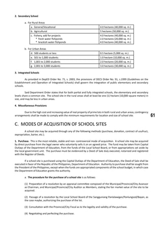 61
2. Secondary School
	
	 a. For Rural Areas
a. General/Vocational 4.0 hectares (40,000 sq. m.)
b. Agricultural 5 hectares (50,000 sq. m.)
c. Fishery, add for projects
* fresh water fishponds
* brackish water fishponds
4.0 hectares (40,000 sq. m.)
2.0 hectares (20,000 sq. m.)
4.0 hectares (40,000 sq. m.)
	 b. For Urban Areas
d. 500 students or less 0.5 hectare (5,000 sq. m.)
e. 501 to 1,000 students 1.0 hectare (10,000 sq. m.)
f. 1,001 to 2,000 students 2.0 hectares (20,000 sq. m.)
g. 2,001 to 3,000 students 3.0 hectares (30,000 sq. m.)
3. Integrated Schools
	 As provided in DepED Order No. 71, s. 2003, the provisions of DECS Order No. 91, s.1999 (Guidelines on the
Establishment and Operation of Integrated Schools) shall govern the integration of public elementary and secondary
schools.
	 Said Department Order states that for both partial and fully integrated schools, the elementary and secondary
levels share a common site. The school site in the rural areas shall at least be one (1) hectare (10,000 square meters) in
size, and may be less in urban areas.
	
4. Miscellaneous Provisions
	 Due to the high cost and increasing value of real property of prime lots in both rural and urban areas, contingency
arrangements shall be made to comply with the minimum requirements for location and size of school site.
C. MODES OF ACQUISITION OF SCHOOL SITES
	 A school site may be acquired through any of the following methods (purchase, donation, contract of usufruct,
expropriation, barter, etc.).
1. Purchase. This is the most reliable, stable and non- controversial mode of acquisition. A school site may be acquired
by direct purchase from the legal owner who voluntarily sells it on an agreed price. The fund may be taken from Capital
Outlays of the Department of Education, from the funds of the Local School Board, or from appropriations set aside by
the local government unit. The purchase must be evidenced by a Deed of Sale duly executed, notarized and registered
with the Register of Deeds.
	 If a school site is purchased using the Capital Outlays of the Department of Education, the Deed of Sale shall be
executed in favor of the Republic of the Philippines, Department of Education. Authority to purchase shall be sought from
the President of the Philippines, except when the funds are appropriated components of the school budget, in which case
the Department of Education grants the authority.
		
	 a. The procedure for the purchase of a school site is as follows:
(1) Preparation of a resolution by an appraisal committee composed of the Municipal/Provincial/City Assessor
as Chairman, and Municipal/Provincial/City Auditor as Members, stating the fair market value of the site to be
acquired.
(2) Passage of a resolution by the Local School Board of the Sangguniang Panlalawigan/Panlungsod/Bayan, as
the case maybe, authorizing the purchase of the lot.
(3) Consultation with the Provincial/City Fiscal as to the legality and validity of the purchase.
(4) Negotiating and perfecting the purchase.
 