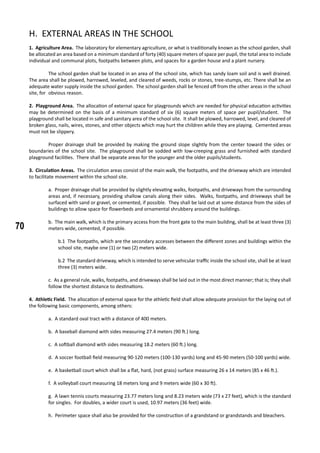 70
H. EXTERNAL AREAS IN THE SCHOOL
1. Agriculture Area. The laboratory for elementary agriculture, or what is traditionally known as the school garden, shall
be allocated an area based on a minimum standard of forty (40) square meters of space per pupil, the total area to include
individual and communal plots, footpaths between plots, and spaces for a garden house and a plant nursery.
	 The school garden shall be located in an area of the school site, which has sandy loam soil and is well drained.
The area shall be plowed, harrowed, leveled, and cleared of weeds, rocks or stones, tree-stumps, etc. There shall be an
adequate water supply inside the school garden. The school garden shall be fenced off from the other areas in the school
site, for 	obvious reason.
2. Playground Area. The allocation of external space for playgrounds which are needed for physical education activities
may be determined on the basis of a minimum standard of six (6) square meters of space per pupil/student. The
playground shall be located in safe and sanitary area of the school site. It shall be plowed, harrowed, level, and cleared of
broken glass, nails, wires, stones, and other objects which may hurt the children while they are playing. Cemented areas
must not be slippery.
	 Proper drainage shall be provided by making the ground slope slightly from the center toward the sides or
boundaries of the school site. The playground shall be sodded with low-creeping grass and furnished with standard
playground facilities. There shall be separate areas for the younger and the older pupils/students.
3. Circulation Areas. The circulation areas consist of the main walk, the footpaths, and the driveway which are intended
to facilitate movement within the school site.
a. Proper drainage shall be provided by slightly elevating walks, footpaths, and driveways from the surrounding
areas and, if necessary, providing shallow canals along their sides. Walks, footpaths, and driveways shall be
surfaced with sand or gravel, or cemented, if possible. They shall be laid out at some distance from the sides of
buildings to allow space for flowerbeds and ornamental shrubbery around the buildings.
b. The main walk, which is the primary access from the front gate to the main building, shall be at least three (3)
meters wide, cemented, if possible.
b.1 The footpaths, which are the secondary accesses between the different zones and buildings within the
school site, maybe one (1) or two (2) meters wide.
b.2 The standard driveway, which is intended to serve vehicular traffic inside the school site, shall be at least
three (3) meters wide.
c. As a general rule, walks, footpaths, and driveways shall be laid out in the most direct manner; that is; they shall
follow the shortest distance to destinations.
4. Athletic Field. The allocation of external space for the athletic field shall allow adequate provision for the laying out of
the following basic components, among others:
a. A standard oval tract with a distance of 400 meters.
b. A baseball diamond with sides measuring 27.4 meters (90 ft.) long.
c. A softball diamond with sides measuring 18.2 meters (60 ft.) long.
d. A soccer football field measuring 90-120 meters (100-130 yards) long and 45-90 meters (50-100 yards) wide.
e. A basketball court which shall be a flat, hard, (not grass) surface measuring 26 x 14 meters (85 x 46 ft.).
f. A volleyball court measuring 18 meters long and 9 meters wide (60 x 30 ft).
g. A lawn tennis courts measuring 23.77 meters long and 8.23 meters wide (73 x 27 feet), which is the standard
for singles. For doubles, a wider court is used, 10.97 meters (36 feet) wide.
h. Perimeter space shall also be provided for the construction of a grandstand or grandstands and bleachers.
 