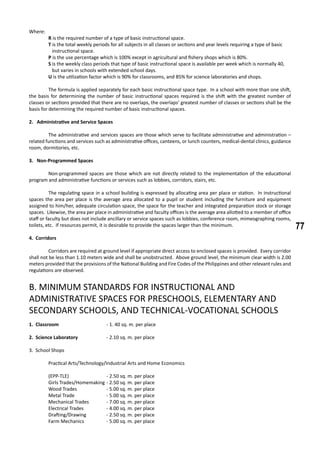 77
Where:
R is the required number of a type of basic instructional space.
T is the total weekly periods for all subjects in all classes or sections and year levels requiring a type of basic 	
instructional space.
P is the use percentage which is 100% except in agricultural and fishery shops which is 80%.
S is the weekly class periods that type of basic instructional space is available per week which is normally 40, 	
but varies in schools with extended school days.
U is the utilization factor which is 90% for classrooms, and 85% for science laboratories and shops.
	 The formula is applied separately for each basic instructional space type. In a school with more than one shift,
the basis for determining the number of basic instructional spaces required is the shift with the greatest number of
classes or sections provided that there are no overlaps, the overlaps’ greatest number of classes or sections shall be the
basis for determining the required number of basic instructional spaces.
2. Administrative and Service Spaces
	 The administrative and services spaces are those which serve to facilitate administrative and administration –
related functions and services such as administrative offices, canteens, or lunch counters, medical-dental clinics, guidance
room, dormitories, etc.
3. Non-Programmed Spaces
	 Non-programmed spaces are those which are not directly related to the implementation of the educational
program and administrative functions or services such as lobbies, corridors, stairs, etc.
	 The regulating space in a school building is expressed by allocating area per place or station. In instructional
spaces the area per place is the average area allocated to a pupil or student including the furniture and equipment
assigned to him/her, adequate circulation space, the space for the teacher and integrated preparation stock or storage
spaces. Likewise, the area per place in administrative and faculty offices is the average area allotted to a member of office
staff or faculty but does not include ancillary or service spaces such as lobbies, conference room, mimeographing rooms,
toilets, etc. If resources permit, it is desirable to provide the spaces larger than the minimum.
4. Corridors
	 Corridors are required at ground level if appropriate direct access to enclosed spaces is provided. Every corridor
shall not be less than 1.10 meters wide and shall be unobstructed. Above ground level, the minimum clear width is 2.00
meters provided that the provisions of the National Building and Fire Codes of the Philippines and other relevant rules and
regulations are observed.
B. MINIMUM STANDARDS FOR INSTRUCTIONAL AND
ADMINISTRATIVE SPACES FOR PRESCHOOLS, ELEMENTARY AND
SECONDARY SCHOOLS, AND TECHNICAL-VOCATIONAL SCHOOLS
1. Classroom			 - 1. 40 sq. m. per place
2. Science Laboratory		 - 2.10 sq. m. per place
3. School Shops
	 Practical Arts/Technology/Industrial Arts and Home Economics
(EPP-TLE)		 - 2.50 sq. m. per place
Girls Trades/Homemaking	- 2.50 sq. m. per place
Wood Trades		 - 5.00 sq. m. per place
Metal Trade		 - 5.00 sq. m. per place
Mechanical Trades 	 - 7.00 sq. m. per place
Electrical Trades		 - 4.00 sq. m. per place
Drafting/Drawing		 - 2.50 sq. m. per place
Farm Mechanics		 - 5.00 sq. m. per place
 