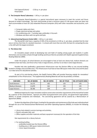 78
Fish Capture/Culture/	 - 2.50 sq. m. per place
Preservation			
4. The Computer Room/ Laboratory – 1.40 sq. m. per place
	 The Computer Room/Laboratory is a special instructional space necessary to meet the current and future
demand of modern technology. The room shall provide at least a minimum space of 1.40 square meter per place and
shall accommodate at least ten (10) networked Personal Computers (PCs) with other necessities and accessories, such
as:
	 • Computer tables and chairs
• Proper electrical wirings and outlets
• Air conditioning units – 2 window type, preferably 1.5 hp each
• Windows and doors with iron grills and locks
5. Library/Learning Resource Center (LRC) – 2.40 sq. m. per place
	 The library/LRC shall have a capacity of 10% of the enrolment at 2.40 sq. m. per place, provided that the total
area is not less than that of a standard classroom. In schools with more than one shift, the basis for computing the area
is the shift with the largest enrolment.
6. The Library Hub
	 An innovative project aimed at developing love and habit of reading among pupils and students in public
elementary and secondary schools through building warehouse libraries provided with DepED approved Supplementary
Reading Materials (SRM).
	 Under the project, all school divisions are encouraged to have at least one Library hub; medium divisions are
entitled to have two Hubs; and three to four Hubs in large divisions, and four to six Hubs in extra-large divisions.
	 Possible Hub sites (preferably a government infrastructure near the Division Office or any secured building
located in strategic and accessible area.) The infrastructure must have at least 300 square meters floor area and the place
is an ideal venue for educational activities.
	
	 As part of its cost-sharing scheme, the DepED Central Office will provide financing subsidy for renovation/
rehabilitation of the infrastructure. The Supplementary Reading Materials will also be provided, as follows:
HUB SIZES NO. OF BOOKS NO. OF COPIES NO. OF TITLES NO. OF PLASTIC BINS
Small Divisions 14,175 105 135 135
Medium Divisions 21,870 162 135 135
Large Divisions 30,780 228 135 135
	 Additional expenses for major renovation and/ore construction and other requirements of the Hub will be funded
by a sponsor of the school division. Sponsors are either local government units (LGUs), non-government organizations
(NGOs), or private companies and individuals. The cost-sharing agreement will be covered by a Memorandum of
Agreement (MOA).
	 ToattaintheobjectivesoftheProject,fundingfortheoperationandmaintenanceoftheHubswasinstitutionalized
through the use of the Division/School Maintenance and Other Operating Expenses (MOOE), to include the following
items:
• Library Hub-related in-service trainings and activities;
• Electric and water bills; and
• Office supplies and other materials and basic equipment necessary for the operation of the Hub.
Site requirements for a Library Hub are:
• For existing building
– preferably located near the Division Office
– building area is 300 square meters (minimum)
– minor repair/renovation
 