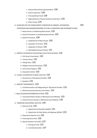 c. Schools Division/City Superintendents 128		
			 d. District Supervisor 128					
			 e. Principal/School Head 128				
			 f. Regional/Division Physical Facilities Coordinators 129	
			 g. Other Groups 129						
	 B. GUIDELINES ON THE ESTABLISHMENT, SEPARATION OF ANNEXES, INTEGRATION,		 129
	 CONVERSION AND NAMING/RENAMING OF PUBLIC ELEMENTARY AND SECONDARY SCHOOL			
		 1. Requirements in Establishing New Schools 129			
		 2. General Procedures in Establishing New Schools 129		
		 3. Specific Procedures 130
			 a. Establishment of New Schools 130			
			 b. Separation of Annexes 131				
			 c. Integration of Schools 131				
			 d. Naming/Renaming of Schools 131			
	 C. PROPER UTILIZATION OF EDUCATIONAL FACILITIES IN SCHOOLS 132	
		 1. Civil Service Examination 132					
		 2. Literacy Classes 132						
		 3. Polling Places 132						
		 4. Religious Services/Instructions 132				
		 5. Community Programs 132					
		 6. Evacuation Centers 132						
	 D. ILLEGAL UTILIZATION OF SCHOOL FACILITIES 132			
		 1. Personal Use of Educational Facilities 132			
		 2. Squatters 132							
	 E. PROPERTY RESPONSIBILITY 133						
		 1. Care/Preservation and Safeguarding of Educational Facilities 133					
		 2. Maintaining School Records and Facilities	 133		
	 F. BASIC EDUCATION INFORMATION SYSTEM 133				
		 1. Instructional Room Analysis in BEIS Quick Count Modules 133					
		 2. School Furniture Analysis in BEIS Quick Count Modules 134					
	 G. FINANCING EDUCATIONAL FACILITIES 134				
		 1. National Funds 135						
			 a. Department of Education (DepED) 135			
			 b. Department of Public Works and Highways (DPWH) 135				
		 2. Request for National Fund 136					
		 3. Financing School Sites 136					
		 4. Special Education Fund (SEF) 137					
			 a. Sharing of Funds 137					
			 b. Fund Administration 137					
 