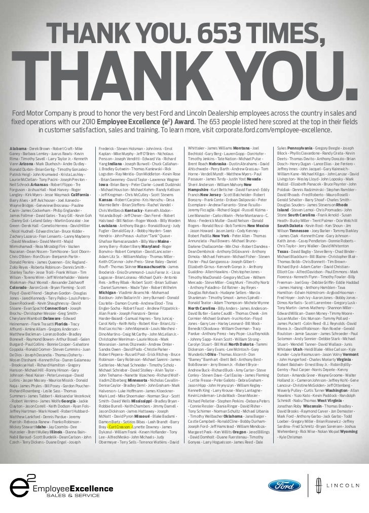 2010 employee excellence_awards_ad thank you 653 times thank you ford motor company is proud to honor