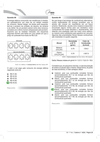 2010
Questão 68                                    Questão 69




                                                                Densidade             Calor de
                                                    Álcool       a 25 ºC             Combustão
                                                                  (g/mL)              (kJ/mol)




                                                     CH
                                                              Química Ambiental




                      Instalação Elétrica.




registrado seria de




Rascunho




                                              Rascunho




                                                             CN - 1º dia | Caderno 1 - AZUL - Página 20
 