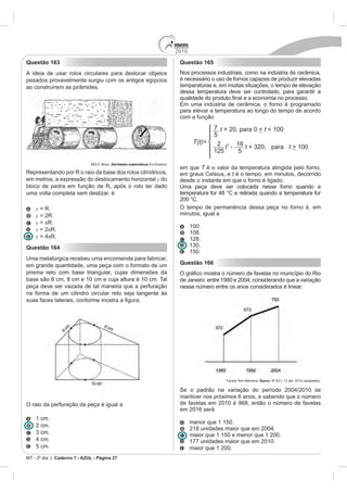 2010
Questão 163                                                                      Questão 165
A ideia de usar rolos circulares para deslocar objetos                           Nos processos industriais, como na indústria de cerâmica,
pesados provavelmente surgiu com os antigos egípcios                             é necessário o uso de fornos capazes de produzir elevadas
ao construírem as pirâmides.                                                     temperaturas e, em muitas situações, o tempo de elevação
                                                                                 dessa temperatura deve ser controlado, para garantir a

                                                                                 Em uma indústria de cerâmica, o forno é programado
                                                                                 para elevar a temperatura ao longo do tempo de acordo
                                                                                 com a função

                                                           R



                              BOLT, Brian. Atividades matemáticas.Ed.Gradiva.
                                                                                 em que T é o valor da temperatura atingida pelo forno,
Representando por R o raio da base dos rolos cilíndricos,                        em graus Celsius, e t é o tempo, em minutos, decorrido
em metros, a expressão do deslocamento horizontal y do                           desde o instante em que o forno é ligado.
bloco de pedra em função de R, após o rolo ter dado                              Uma peça deve ser colocada nesse forno quando a
uma volta completa sem deslizar, é                                               temperatura for 48 °C e retirada quando a temperatura for
                                                                                 200 °C.
    y = R.                                                                       O tempo de permanência dessa peça no forno é, em
    y = 2R.                                                                      minutos, igual a
    y = R.
                                                                                       100.
    y = 2 R.
                                                                                       108.
    y = 4 R.                                                                           128.
Questão 164                                                                            130.
                                                                                       150.
Uma metalúrgica recebeu uma encomenda para fabricar,
em grande quantidade, uma peça com o formato de um                               Questão 166
prisma reto com base triangular, cujas dimensões da
base são 6 cm, 8 cm e 10 cm e cuja altura é 10 cm. Tal                           de Janeiro entre 1980 e 2004, considerando que a variação
peça deve ser vazada de tal maneira que a perfuração                             nesse número entre os anos considerados é linear.
na forma de um cilindro circular reto seja tangente às




                                                                                                    Favela Tem Memória. Época. Nº 621, 12 abr. 2010 (adaptado).

                                                                                 Se o padrão na variação do período 2004/2010 se
                                                                                 mantiver nos próximos 6 anos, e sabendo que o número
O raio da perfuração da peça é igual a                                           de favelas em 2010 é 968, então o número de favelas
                                                                                 em 2016 será
    1 cm.
                                                                                       menor que 1 150.
    2 cm.
                                                                                       218 unidades maior que em 2004.
    3 cm.                                                                              maior que 1 150 e menor que 1 200.
    4 cm.                                                                              177 unidades maior que em 2010.
    5 cm.                                                                              maior que 1 200.
MT - 2º dia | Caderno 7 - AZUL - Página 27
 