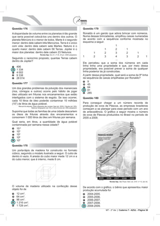 2010
Questão 176                                                                                   Questão 179
A disparidade de volume entre os planetas é tão grande                                        Ronaldo é um garoto que adora brincar com números.
que seria possível colocá-los uns dentro dos outros. O                                        Numa dessas brincadeiras, empilhou caixas numeradas
planeta Mercúrio é o menor de todos. Marte é o segundo                                        de acordo com a sequência conforme mostrada no
menor: dentro dele cabem três Mercúrios. Terra é o único                                      esquema a seguir.
com vida: dentro dela cabem sete Martes. Netuno é o                                                                         1
quarto maior: dentro dele cabem 58 Terras. Júpiter é o                                                            1         2       1
maior dos planetas: dentro dele cabem 23 Netunos.                                                       1         2         3       2       1
                                    Revista Veja. Ano 41, nº 25, 25 jun. 2008 (adaptado).
                                                                                              1         2         3         4       3       2        1
Seguindo o raciocínio proposto, quantas Terras cabem                                                                        ...
dentro de Júpiter?
                                                                                              Ele percebeu que a soma dos números em cada
   406                                                                                        linha tinha uma propriedade e que, por meio dessa
   1 334                                                                                      propriedade, era possível prever a soma de qualquer
   4 002                                                                                      linha posterior às já construídas.
   9 338                                                                                      A partir dessa propriedade, qual será a soma da 9ª linha
   28 014                                                                                     da sequência de caixas empilhadas por Ronaldo?
                                                                                                  9
Questão 177                                                                                       45
Um dos grandes problemas da poluição dos mananciais                                               64
(rios, córregos e outros) ocorre pelo hábito de jogar                                             81
                                                                                                  285
óleo utilizado em frituras nos encanamentos que estão
interligados com o sistema de esgoto. Se isso ocorrer,                                        Questão 180
cada 10 litros de óleo poderão contaminar 10 milhões
(107) de litros de água potável.                                                              Para conseguir chegar a um número recorde de
     Manual de etiqueta. Parte integrante das revistas Veja (ed. 2055), Cláudia (ed. 555),    produção de ovos de Páscoa, as empresas brasileiras
                      National Geographic (ed. 93) e Nova Escola (ed. 208) (adaptado).
                                                                                              começam a se planejar para esse período com um ano
Suponha que todas as famílias de uma cidade descartem
os óleos de frituras através dos encanamentos e                                               de ovos de Páscoa produzidos no Brasil no período de
consomem 1 000 litros de óleo em frituras por semana.                                         2005 a 2009.
Qual seria, em litros, a quantidade de água potável
contaminada por semana nessa cidade?
   10-2
   103
   104
   106
   109
Questão 178
Um porta-lápis de madeira foi construído no formato
cúbico, seguindo o modelo ilustrado a seguir. O cubo de
dentro é vazio. A aresta do cubo maior mede 12 cm e a
do cubo menor, que é interno, mede 8 cm.




                                                                                                                     Revista Veja. São Paulo: Abril, ed. 2107, nº 14, ano 42.


O volume de madeira utilizado na confecção desse                                              De acordo
objeto foi de                                                                                 produção acumulada foi
   12 cm3.                                                                                       2004-2005.
   64 cm3.                                                                                       2005-2006.
   96 cm3.                                                                                       2006-2007.
   1 216 cm3.                                                                                    2007-2008.
   1 728 cm3.                                                                                    2008-2009.
                                                                                                                 MT - 2º dia | Caderno 7 - AZUL - Página 30
 