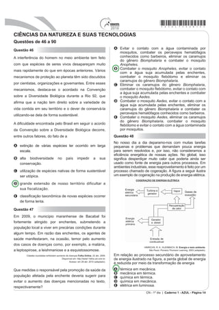 SUHFLVD DGPLQLVWUDU
tanta inocência como em mostrar o rosto. Ambos traziam                                               as diferenças entre as correntes políticas integrantes da
RV EHLoRV GH EDL[R IXUDGRV H PHWLGRV QHOHV VHXV RVVRV                                                composição vitoriosa, herdeira da Aliança Liberal.
brancos e verdadeiros. Os cabelos seus são corredios.                                                       /(026 5 $ UHYROXomR FRQVWLWXFLRQDOLVWD GH  6,/9$ 5 0 $+$38= 3 %
                                                                                                                  LAMARÃO, S. (Org). *HW~OLR 9DUJDV H VHX WHPSR. Rio de Janeiro: BNDES.
   CAMINHA, P. V. Carta. RIBEIRO, D. et al. 9LDJHP SHOD KLVWyULD GR %UDVLO documentos.
                                    São Paulo: Companhia das Letras, 1997 (adaptado).
                                                                                                     1R FRQWH[WR KLVWyrico da crise da Primeira República,
2 WH[WR p SDUWH GD IDPRVD DUWD GH 3HUR 9D] GH DPLQKD                                              YHUL¿FDVH XPD GLYLVmR QR PRYLPHQWR WHQHQWLVWD $
documento fundamental para a formação da identidade                                                  atuação dos integrantes do movimento liderados por
brasileira. Tratando da relação que, desde esse primeiro                                             -XDUH] 7iYRUD RV FKDPDGRV ³OLEHUDLV´ QRV DQRV 
contato, se estabeleceu entre portugueses e indígenas,                                               deve ser entendida como
esse trecho da carta revela a
                                                                                                     A a aliança com os cafeicultores paulistas em defesa
A preocupação em garantir a integridade do colonizador
                                                                                                       de novas eleições.
  diante da resistência dos índios à ocupação da terra.
                                                                                                     B o retorno aos quartéis diante da desilusão política
B postura etnocêntrica do europeu diante das
                                                                                                       FRP D ³5HYROXomR GH ´
  características físicas e práticas culturais do indígena.
                                                                                                     C o compromisso político-institucional com o governo
C orientação da política da Coroa Portuguesa quanto                                                    provisório de Vargas.
  à utilização dos nativos como mão de obra para
                                                                                                     D D DGHVmR DR VRFLDOLVPR UHIRUoDGD SHOR H[HPSOR GR
  colonizar a nova terra.
                                                                                                       H[WHQHQWH /XtV DUORV 3UHVWHV
D oposição de interesses entre portugueses e índios,                                                 E o apoio ao governo provisório em defesa da
  TXH GL¿FXOWDYD R WUDEDOKR FDWHTXpWLFR H H[LJLD DPSORV
                                                                                                       descentralização do poder político.
  recursos para a defesa da posse da nova terra.
                                                                                                     Questão 31
E abundância da terra descoberta, o que possibilitou a sua
                                                                                                     2 PHVWUHVDOD GRV PDUHV
  incorporação aos interesses mercantis portugueses,
  SRU PHLR GD H[SORUDomR HFRQ{PLFD dos índios.                                                       Há muito tempo nas águas da Guanabara
                                                                                                     O dragão do mar reapareceu
Questão 29                                                                                           Na figura de um bravo marinheiro
Para o Paraguai, portanto, essa foi uma guerra pela                                                  A quem a história não esqueceu
sobrevivência. De todo modo, uma guerra contra dois                                                  Conhecido como o almirante negro
                                                                                                     Tinha a dignidade de um mestre-sala
gigantes estava fadada a ser um teste debilitante e
                                                                                                     E ao navegar pelo mar com seu bloco de fragatas
severo para uma economia de base tão estreita. Lopez                                                 )RL VDXGDGR QR SRUWR SHODV PRFLQKDV IUDQFHVDV
precisava de uma vitória rápida e, se não conseguisse                                                Jovens polacas e por batalhões de mulatas
vencer rapidamente, provavelmente não venceria nunca.                                                Rubras cascatas jorravam nas costas
  /1+ - $V 5HS~EOLFDV GR 3UDWD GD ,QGHSHQGrQFLD j *XHUUD GR 3DUDJXDL %(7+(// /HVOLH 2UJ 