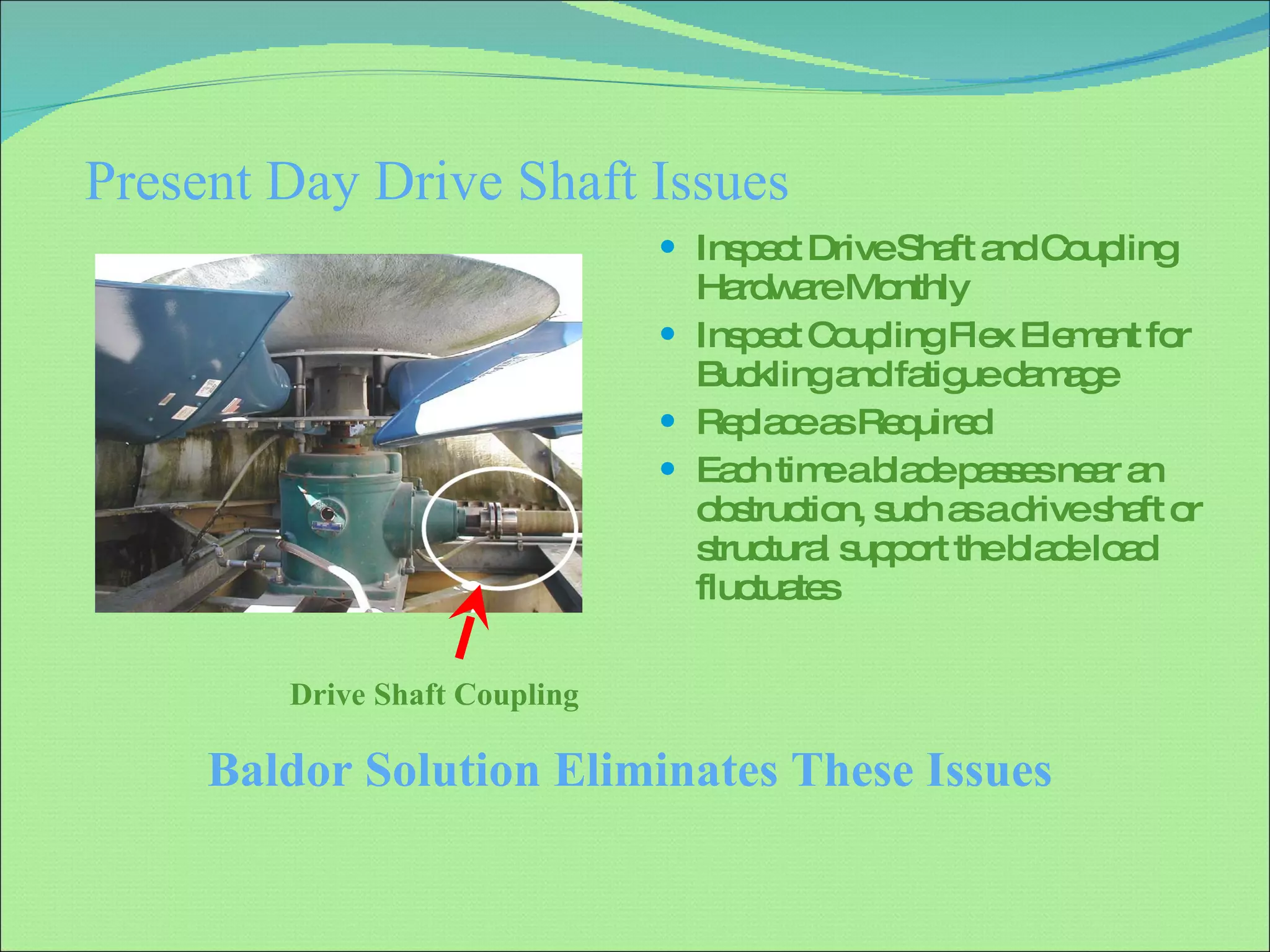 Present Day Drive Shaft Issues Inspect Drive Shaft and Coupling Hardware Monthly Inspect Coupling Flex Element for Buckling and fatigue damage Replace as Required Each time a blade passes near an obstruction, such as a drive shaft or structural support the blade load fluctuates Baldor Solution Eliminates These Issues Drive Shaft Coupling 