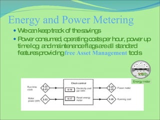 Energy and Power Metering We can keep track of the savings Power consumed, operating costs per hour, power up time log  and maintenance flags are all standard features providing  free Asset Management  tools kWh Energy meter 