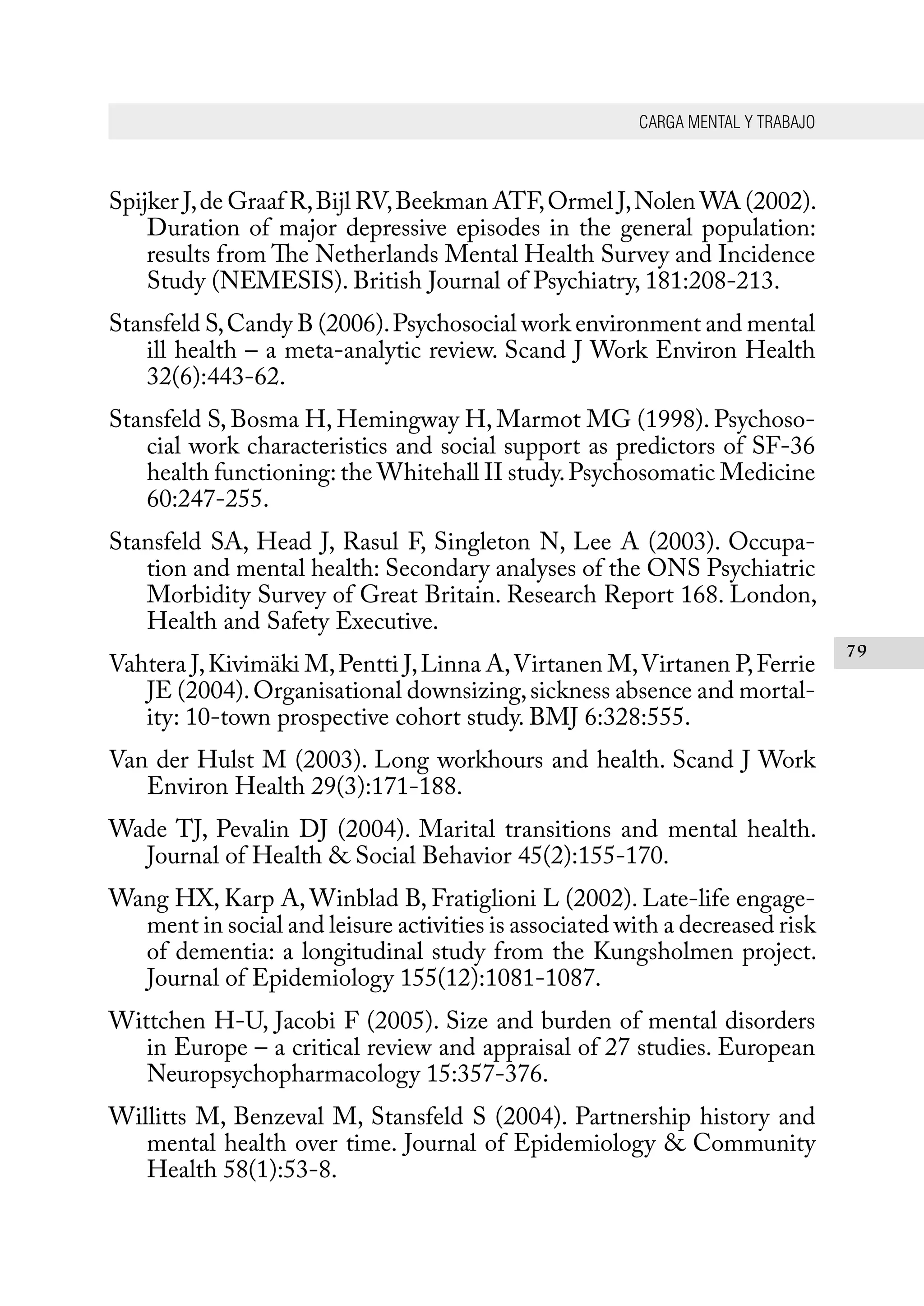 CARGA MENTAL Y TRABAJO
79
Spijker J,de Graaf R,Bijl RV,Beekman ATF,Ormel J,Nolen WA (2002).
Duration of major depressive episodes in the general population:
results from The Netherlands Mental Health Survey and Incidence
Study (NEMESIS). British Journal of Psychiatry, 181:208-213.
Stansfeld S,Candy B (2006).Psychosocial work environment and mental
ill health – a meta-analytic review. Scand J Work Environ Health
32(6):443-62.
Stansfeld S, Bosma H, Hemingway H, Marmot MG (1998). Psychoso-
cial work characteristics and social support as predictors of SF-36
health functioning: the Whitehall II study.Psychosomatic Medicine
60:247-255.
Stansfeld SA, Head J, Rasul F, Singleton N, Lee A (2003). Occupa-
tion and mental health: Secondary analyses of the ONS Psychiatric
Morbidity Survey of Great Britain. Research Report 168. London,
Health and Safety Executive.
Vahtera J,Kivimäki M,Pentti J,Linna A,Virtanen M,Virtanen P,Ferrie
JE (2004).Organisational downsizing,sickness absence and mortal-
ity: 10-town prospective cohort study. BMJ 6:328:555.
Van der Hulst M (2003). Long workhours and health. Scand J Work
Environ Health 29(3):171-188.
Wade TJ, Pevalin DJ (2004). Marital transitions and mental health.
Journal of Health & Social Behavior 45(2):155-170.
Wang HX, Karp A, Winblad B, Fratiglioni L (2002). Late-life engage-
ment in social and leisure activities is associated with a decreased risk
of dementia: a longitudinal study from the Kungsholmen project.
Journal of Epidemiology 155(12):1081-1087.
Wittchen H-U, Jacobi F (2005). Size and burden of mental disorders
in Europe – a critical review and appraisal of 27 studies. European
Neuropsychopharmacology 15:357-376.
Willitts M, Benzeval M, Stansfeld S (2004). Partnership history and
mental health over time. Journal of Epidemiology & Community
Health 58(1):53-8.
 