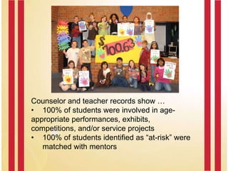 Counselor and teacher records show … •  100% of students were involved in age- appropriate performances, exhibits,  competitions, and/or service projects •  100% of students identified as “at-risk” were  matched with mentors 